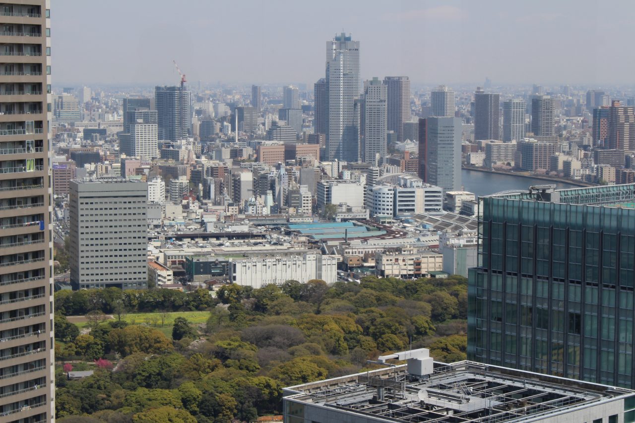 展望台から見た築地市場と東京の街並みの写真