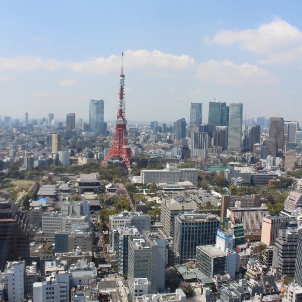 展望台から見た東京タワーと港区の街並みの写真